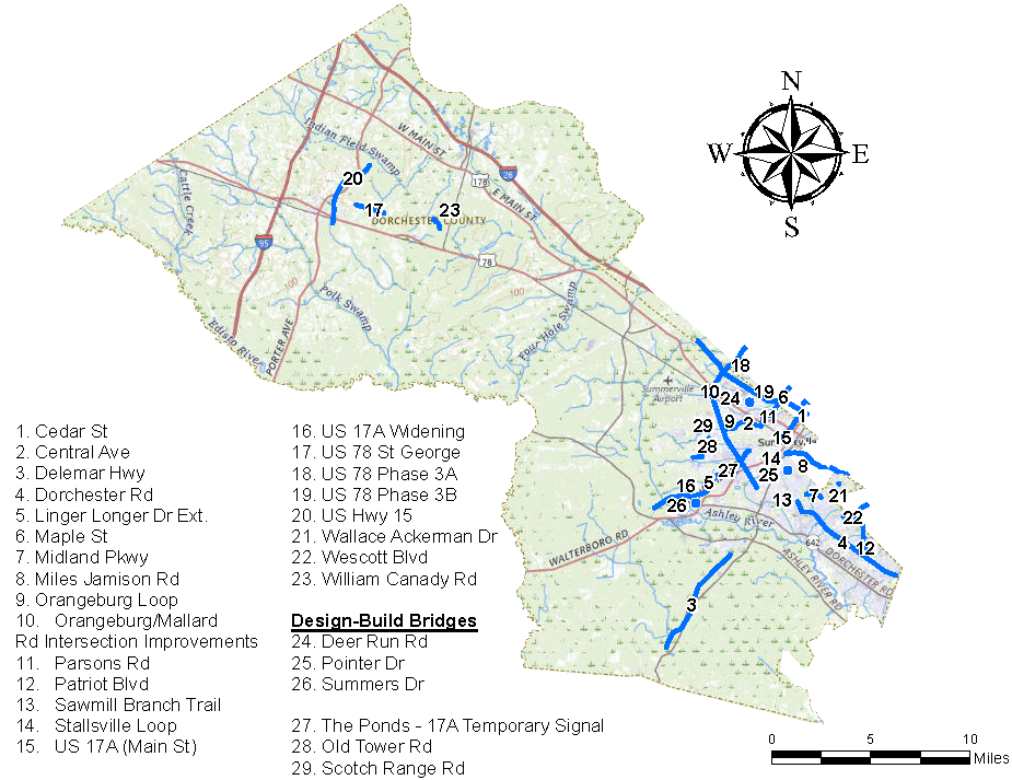 Map of all Dorchester County Sales Tax improvements projects. 